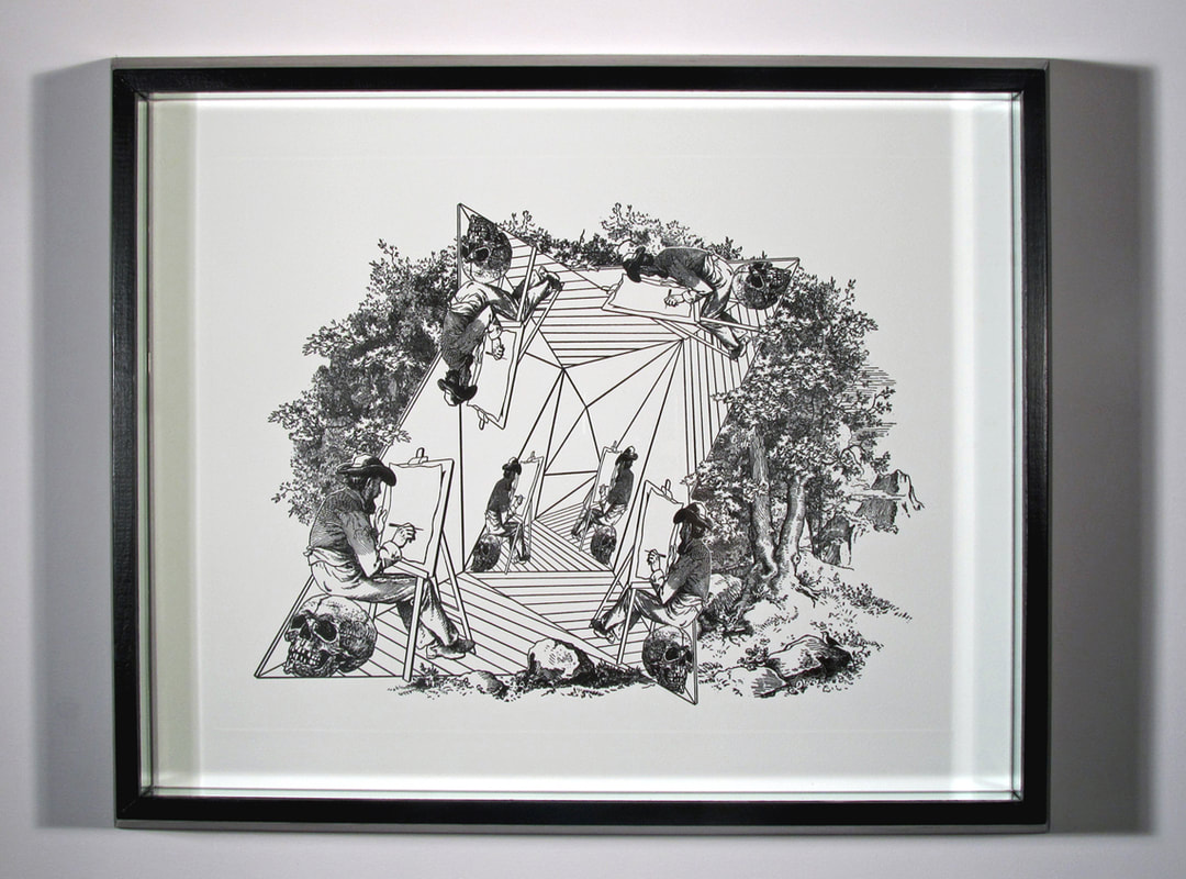 Gabriele Arruzzo, senza titolo (artifacts & the living), 2012, engraving in one copy, painted wood, mirrors, 46x56x6cm