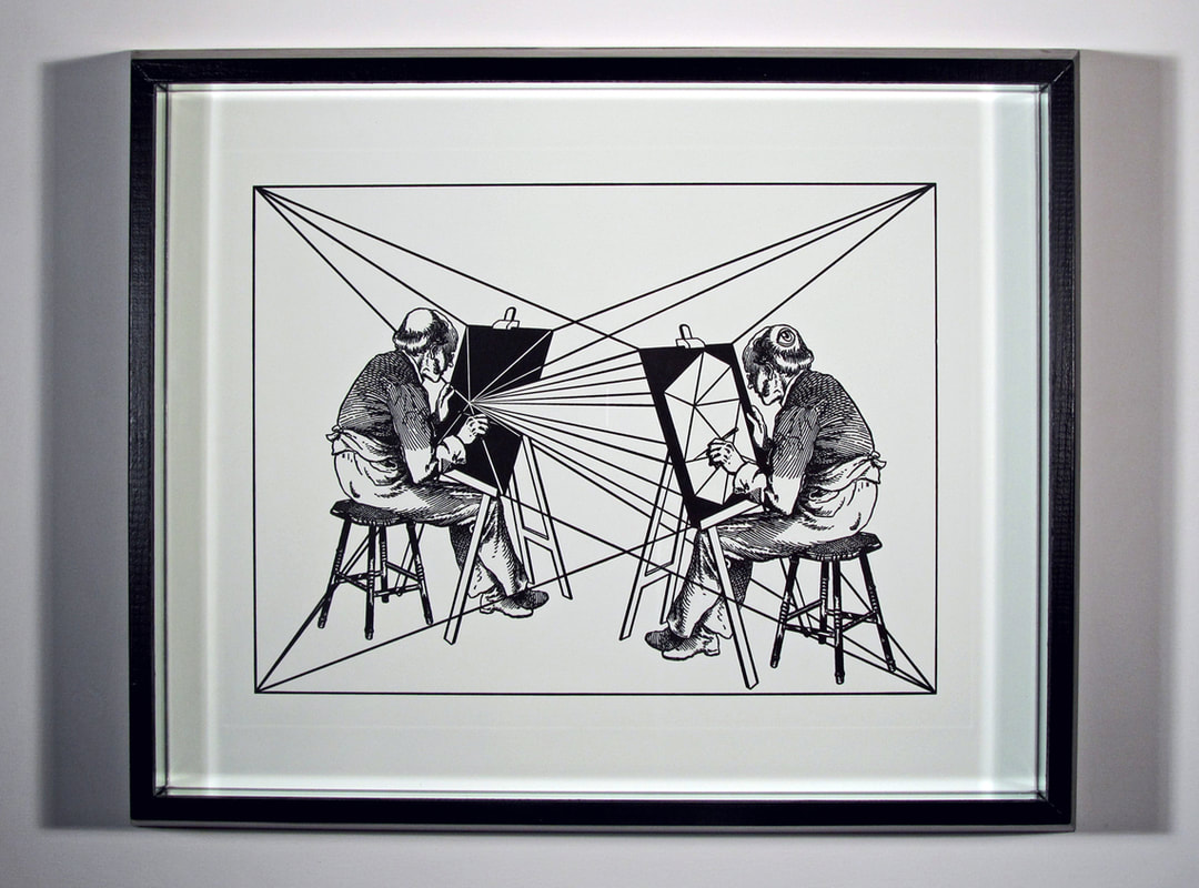 Gabriele Arruzzo, senza titolo (ritratto di un'idea), 2012, engraving in one copy, painted wood, mirrors, 46x56x6cm